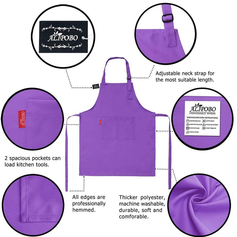 ALIPOBO Kids Apron and Chef Hat Set, Children's Adjustable Bib Apron with 2 Pockets. Cute Boys Girls Kitchen Apron for Cooking, Baking, Painting, Training Wear (2-5 Year, Purple) - Image 2